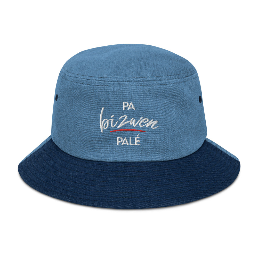 Denim bucket hat "Pa bizwen palé" - Fos Kréyol